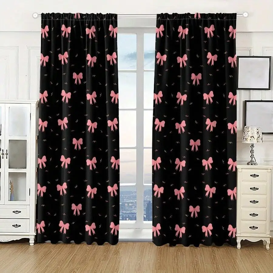 2pcs Pink Bow Pattern Blackout Curtains Polyester Rod Pocket Eyelets For Bedroom Living Room Office