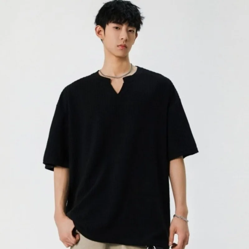 

Summer V-neck Solid Color Loose Half-sleeved T-shirt for Men Breathable Casual Versatile Sports Short-sleeved Korean Version