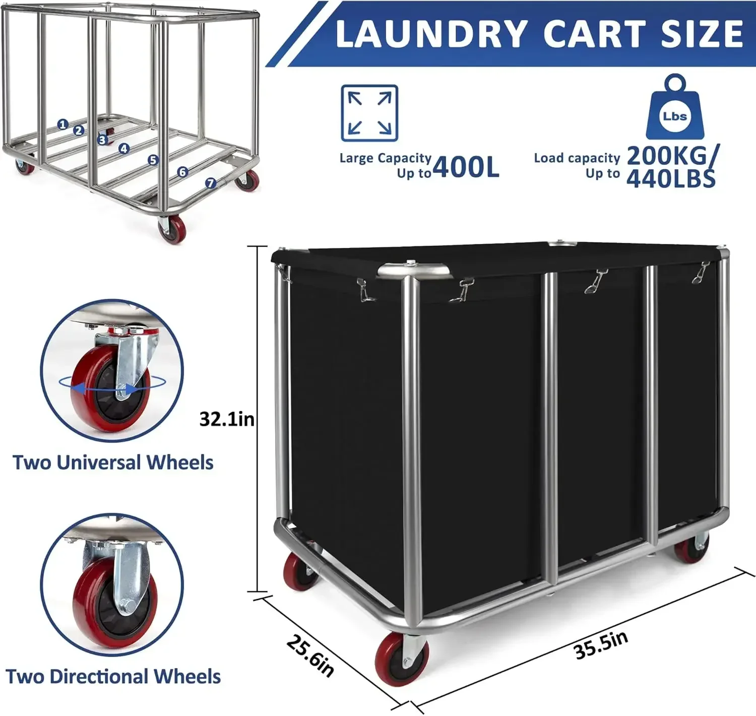 Laundry Cart with Wheels,Industrial Laundry Cart 11.35 Bushel(400L),Commercial Laundr Basket with Stainless Steel Frame and Oxfo