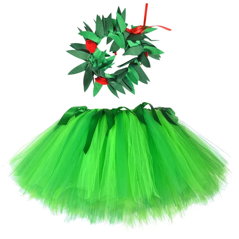 Green Flowers Hawaii Tutu Skirt Outfit for Girls Hula Party Dress Up Costumes for Kids Luau Ballet Princess Tutus with Garland
