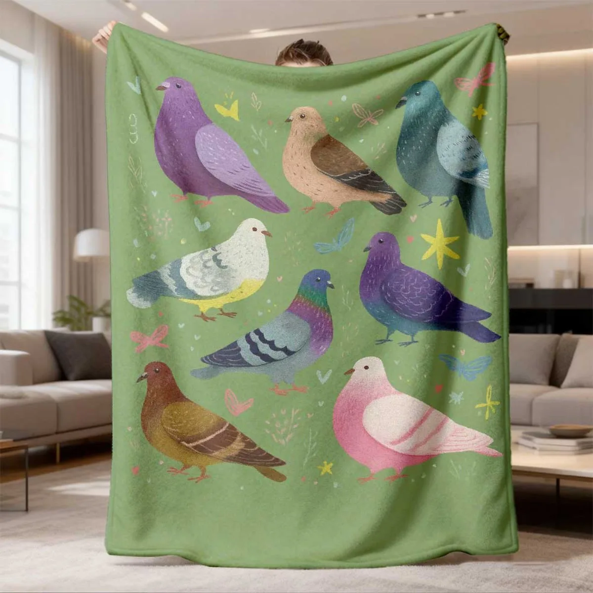 Cartoon Pigeon Bird Pattern Flannel Blanket Lightweight Warm Plush Throw Blanket Colorful Pigeon Illustration Art Decor Blanket
