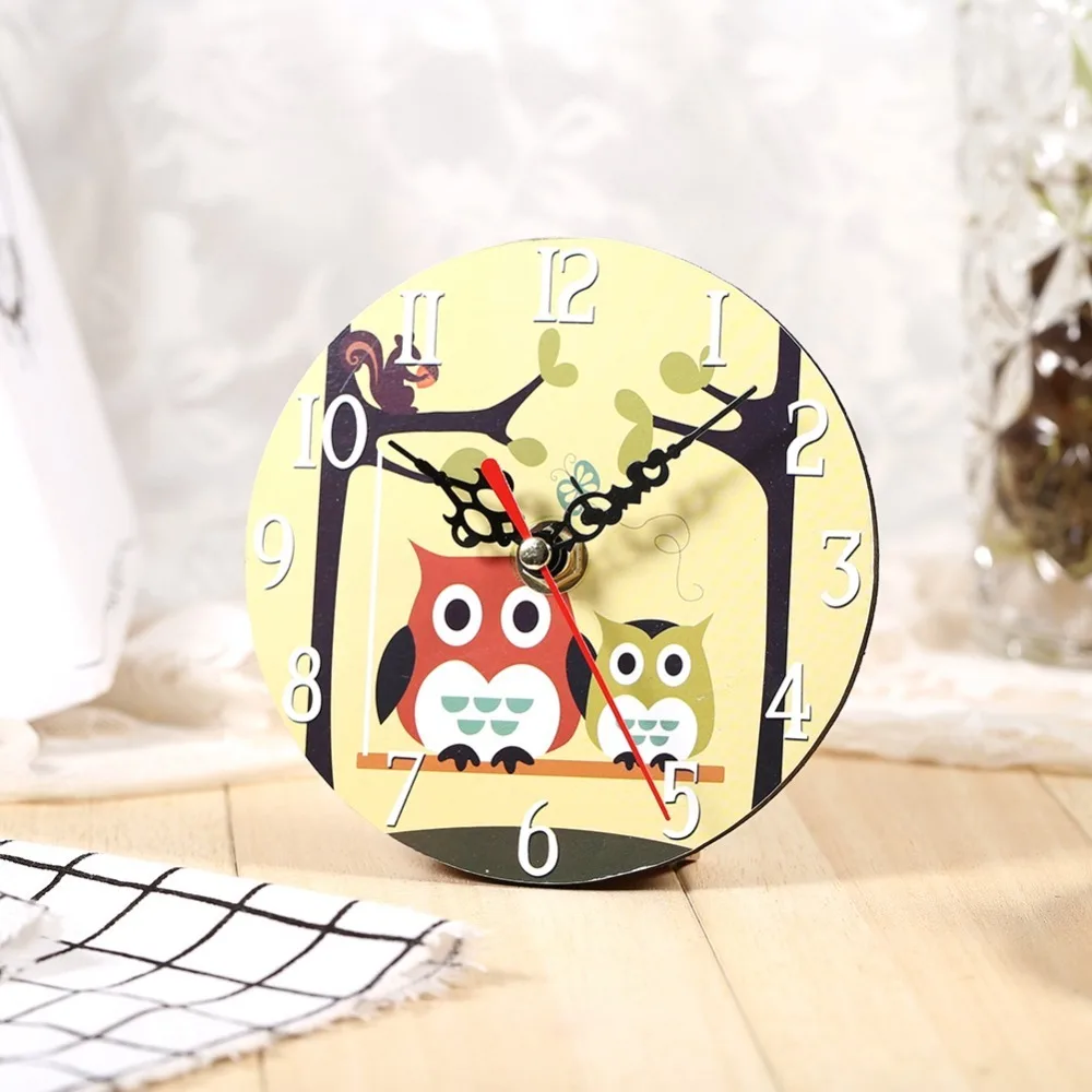 Wooden Wooden Wall Clock Oil Painting Design Dual Use Owl Pattern Clock 4.72in Cartoon Owl Pattern Retro Wall Clock