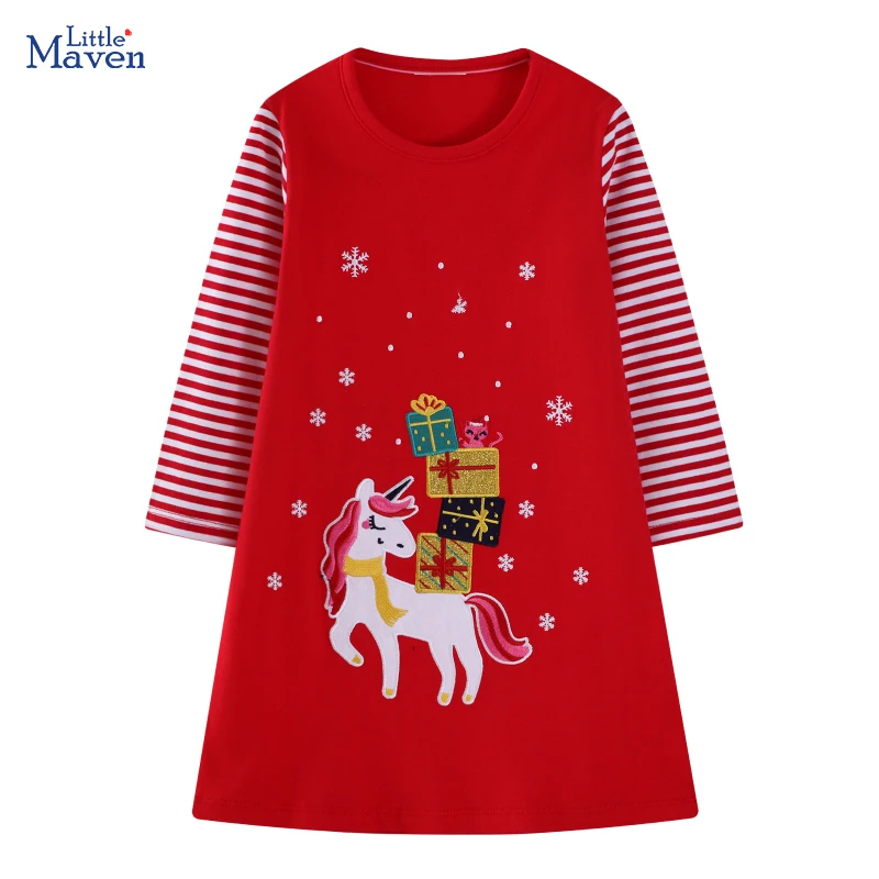 

Детская одежда Little maven, детское платье с длинными рукавами, рождественский подарок, платье с единорогом из мультфильма для маленьких девочек, осенние хлопковые костюмы