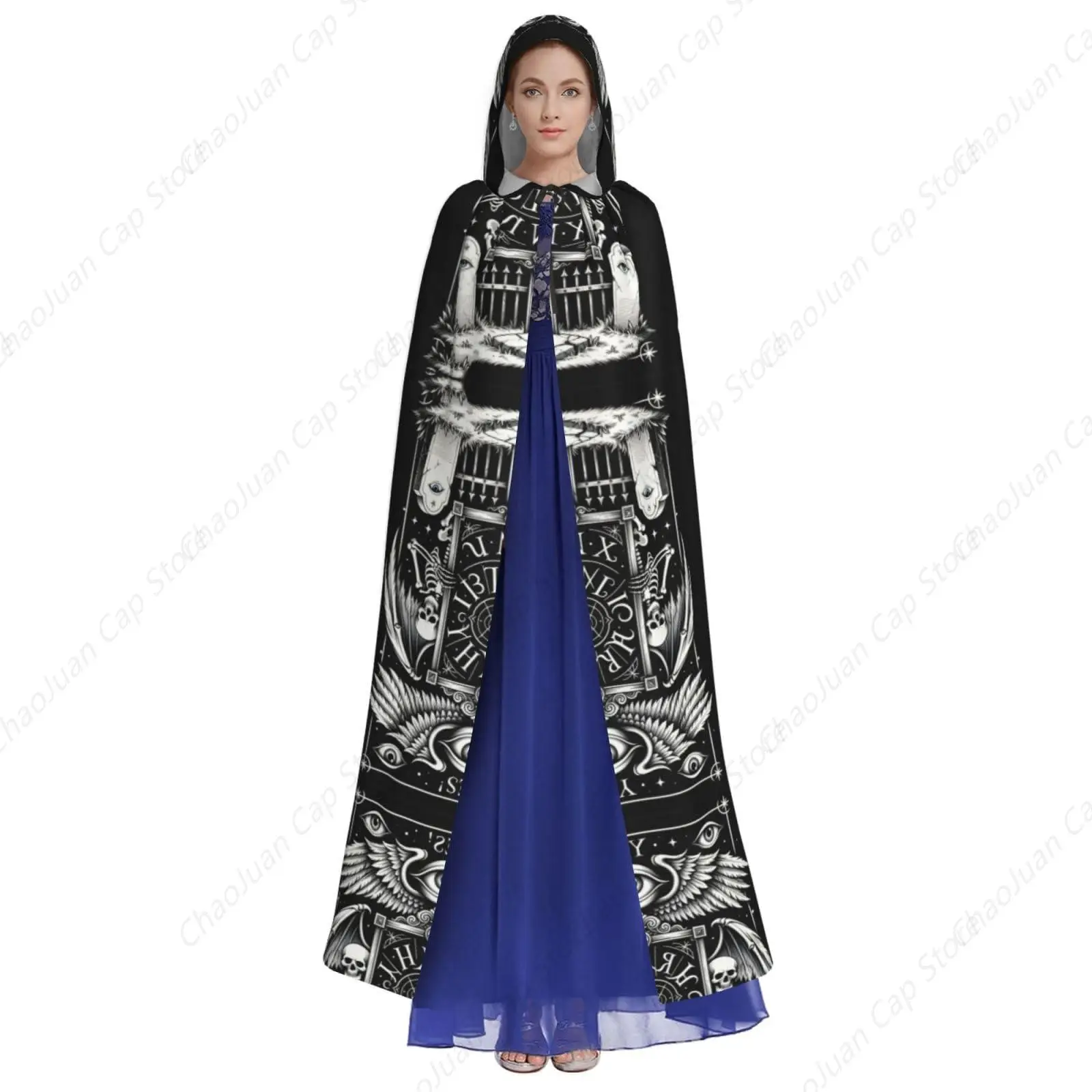 Black Gothic Goth Occult Witchcraft Skull Skeleton Full Long Hooded Cloaks for Christmas Cosplay Party Costumes, Renaissance