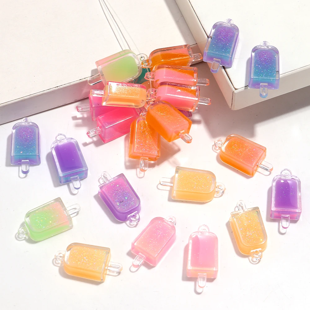 10pcs Glow-in-the-Dark Cute Ice Cream Charms Glitter Gradient Color Acrylic Pendant for DIY Jewelry Making Keychain Accessories