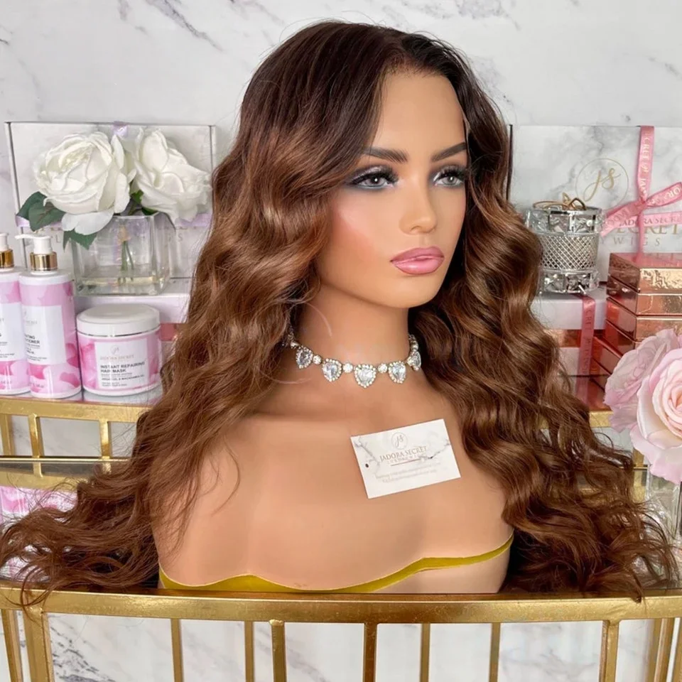 

Brown 26inch Glueless Soft Long wave 5x5 Silk Base Jewish Human Hair Wig Baby Hair HD Lace European Hair Preplucked