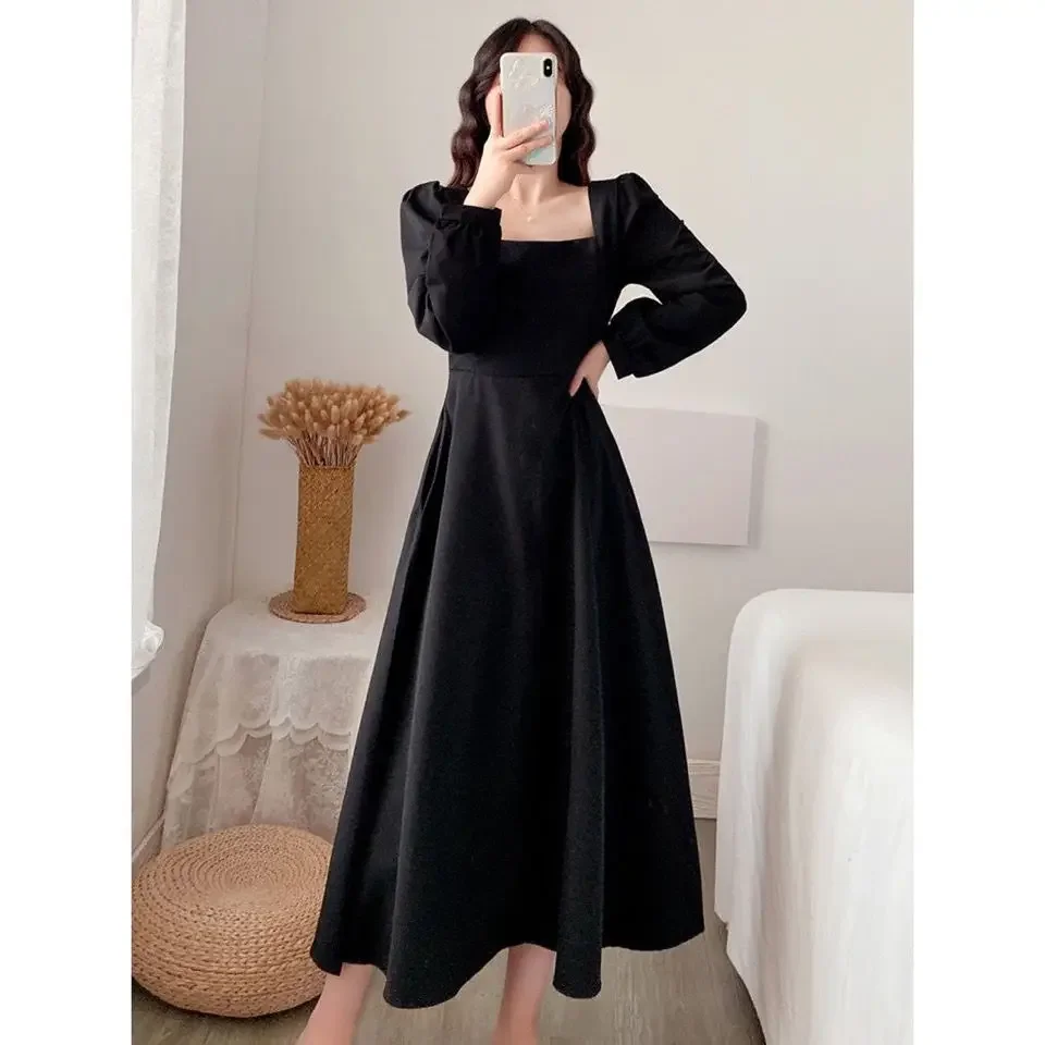 

Dress for Women Autumn Long-Sleeved Dress Square Collar Overknee Long Black Dress Woman Vestido De Mujer Femme Robe