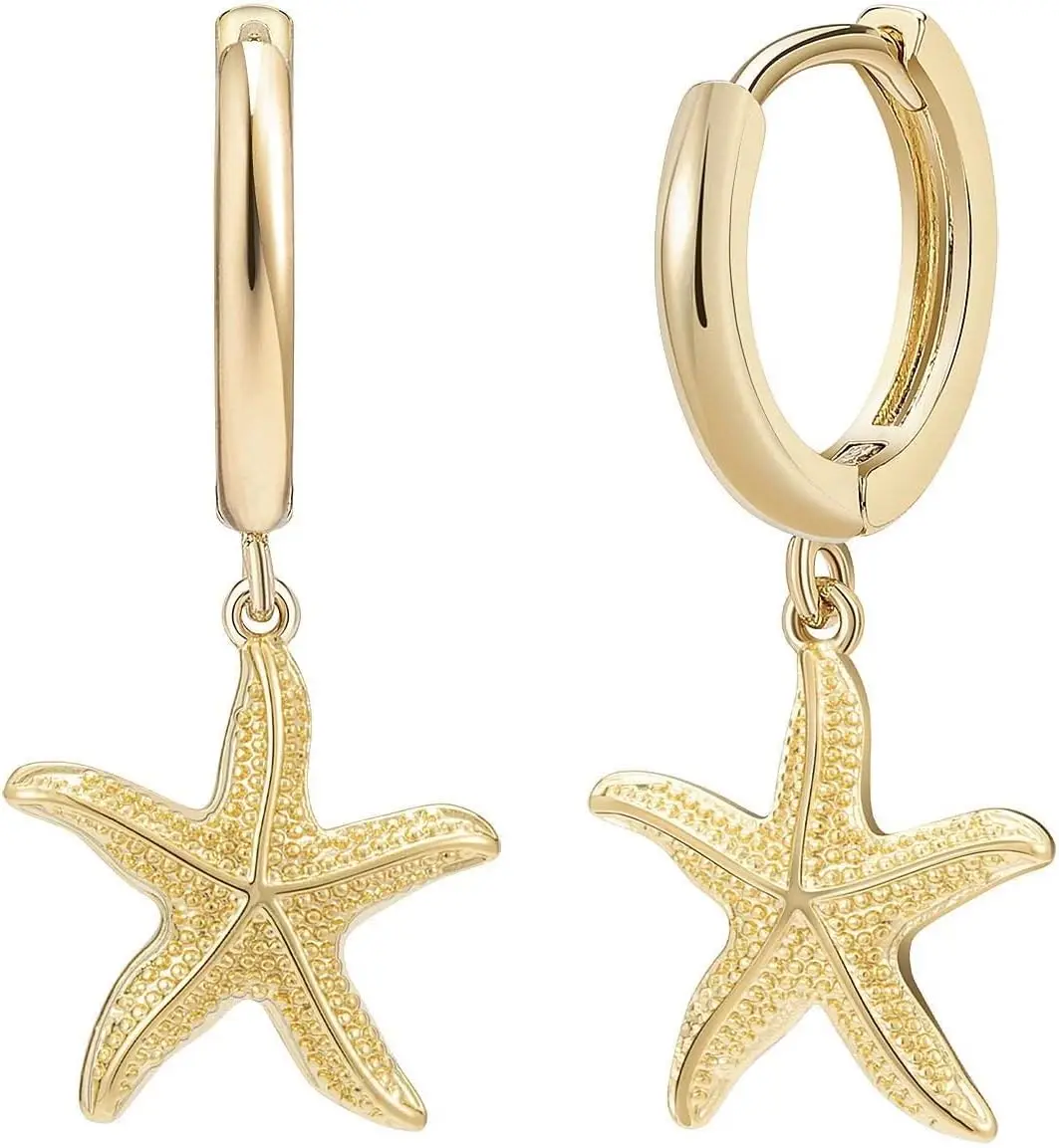 Pendientes Colgantes de Playa Chapados en Oro con Diseño de Estrella de Mar, Mariposa, Luna y Concha - Joyería para Mujer