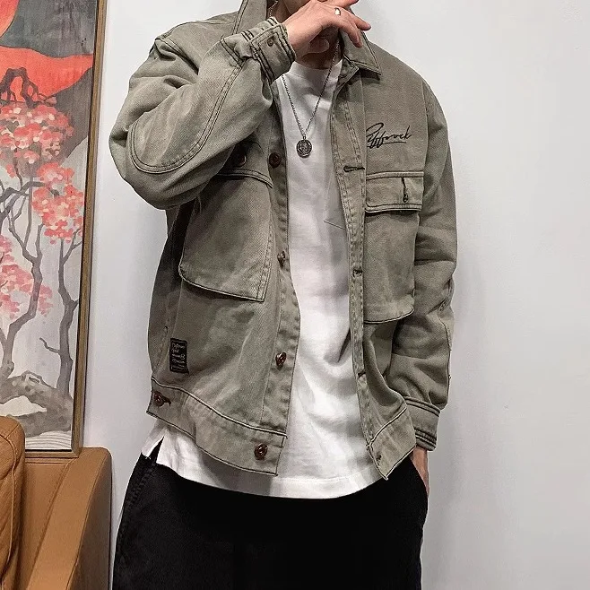 

Мужская куртка в стиле ретро-американской рабочей одежды, плотная, с эффектом потертости, весенне-осенняя, свободного кроя, универсальная, модная, брендовая, с отложным воротником