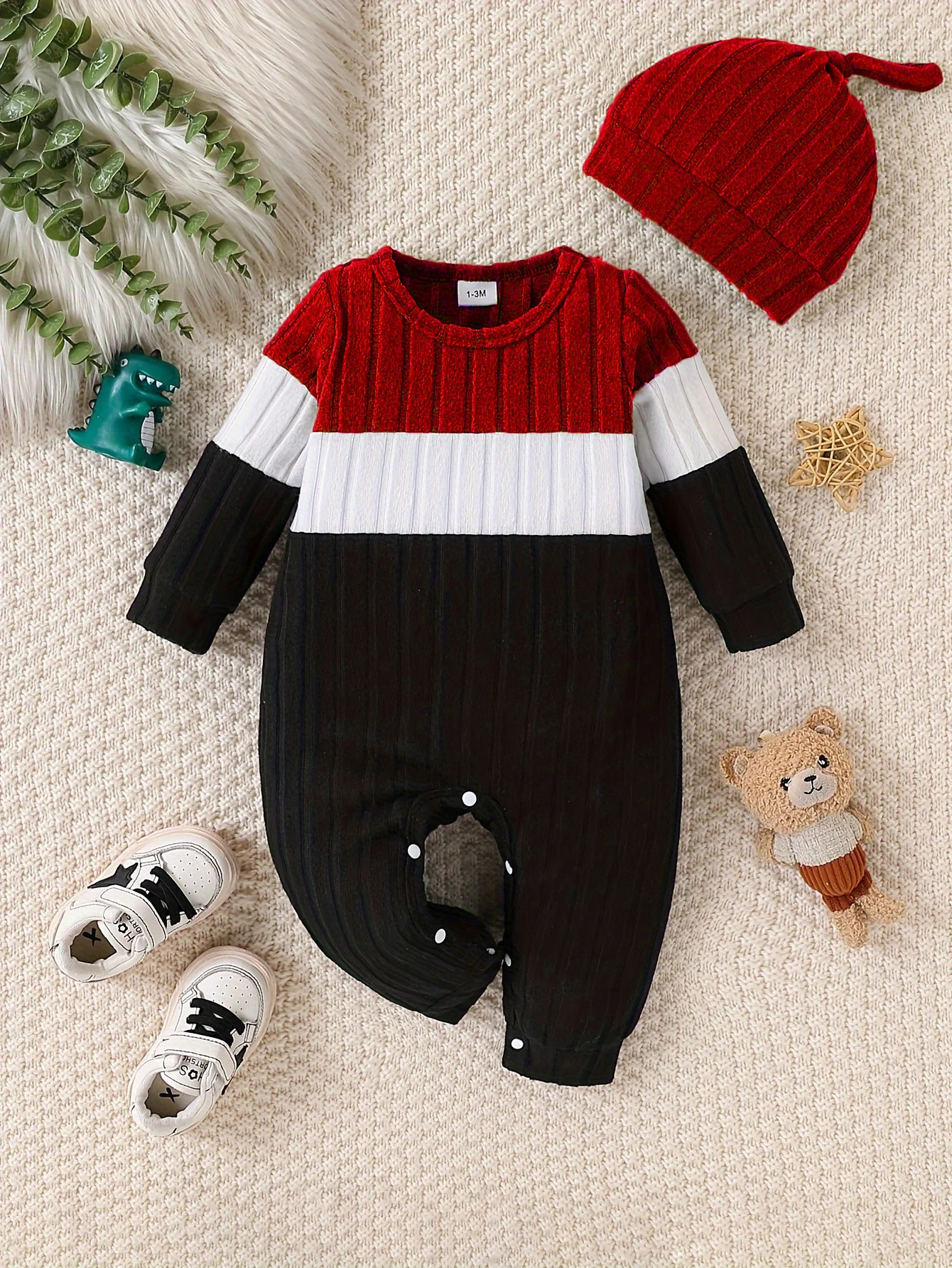 Simple Color Block Knitted Onesie for Newborn Boys Long Sleeve Crotch Snap Jumpsuit Matching Striped Hat Soft Home Wear Outfit