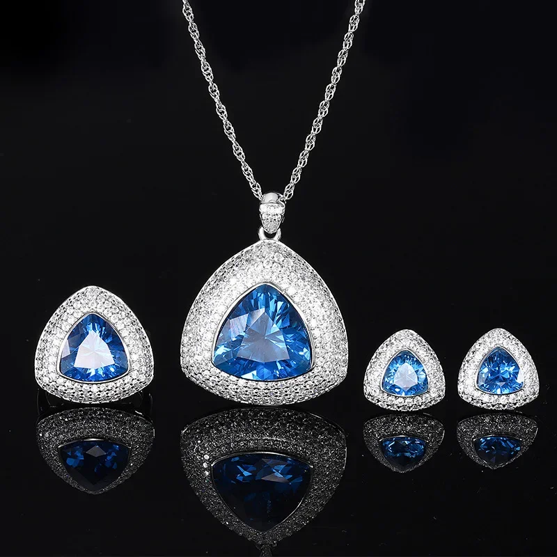 S925 silver-plated 18K gold-plated PT950 platinum retro blue spinel fertilizer triangle set 17 * 1712 * 12