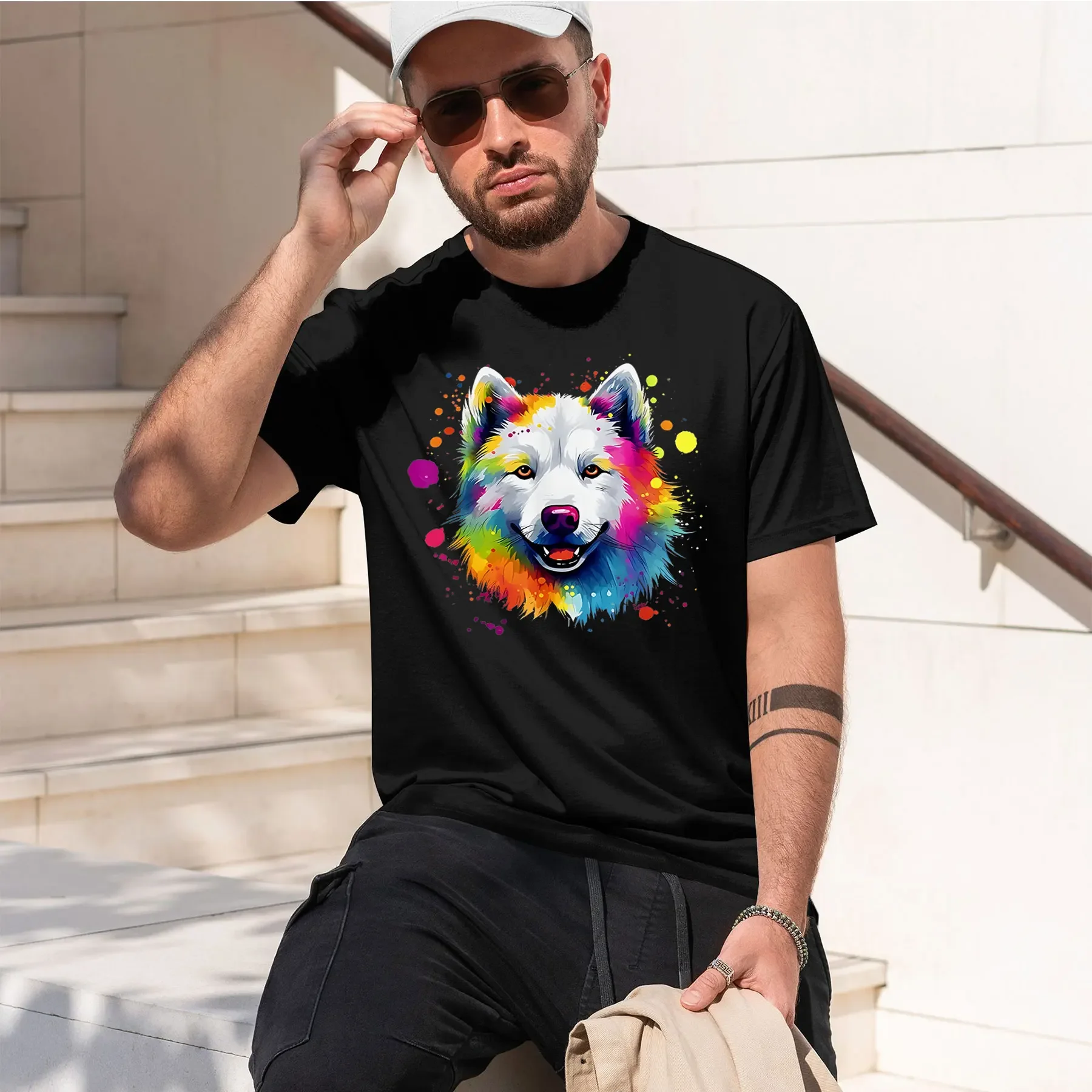 Samoyed Lovers Colorful 2026 new fashion heavyweight hot selling retro printed pattern fun round neck T-shirt for daily comf
