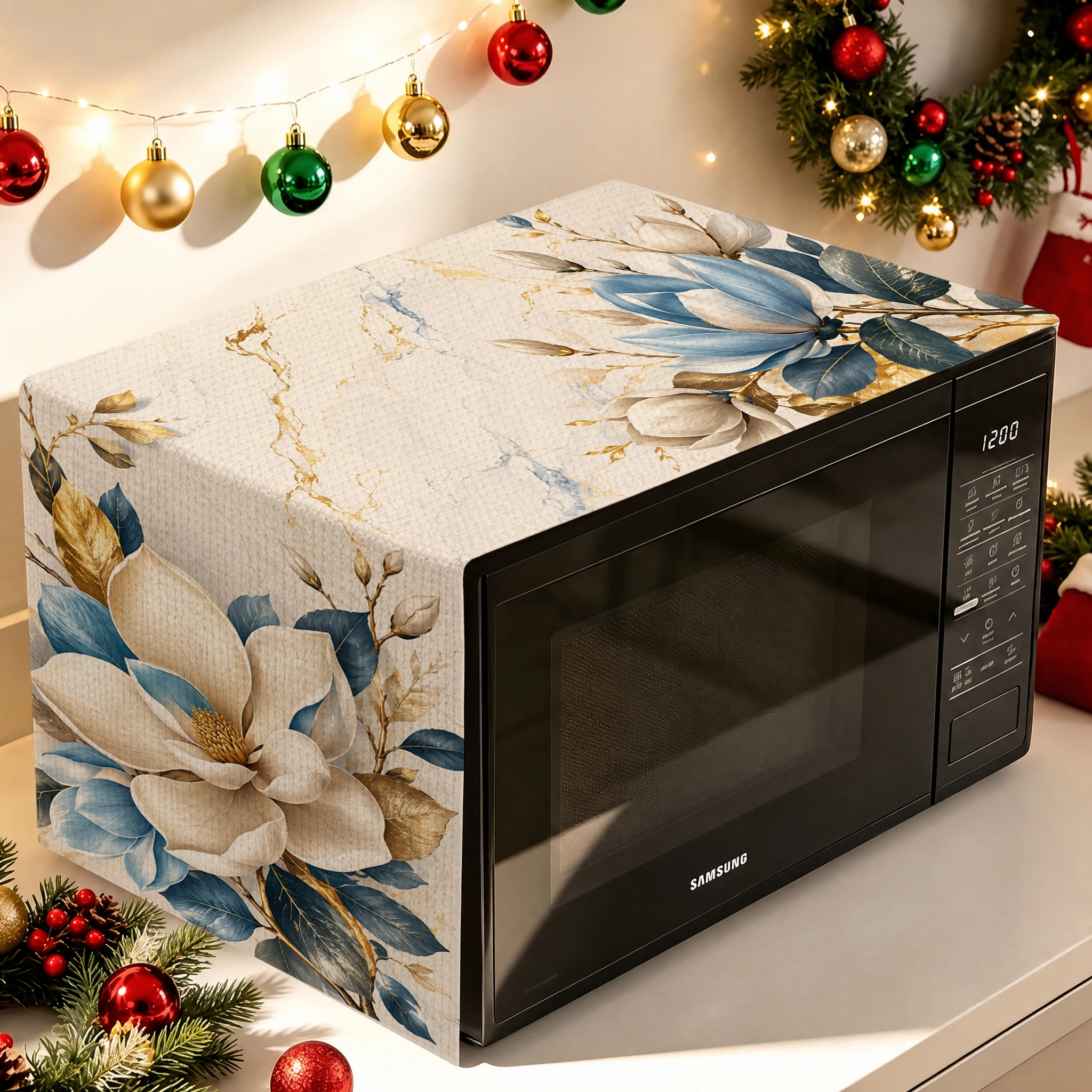 1pcs Christmas Microwave Oven Cover, Vintage Floral Boho Tile Print Dustproof Protector for Kitchen Decor