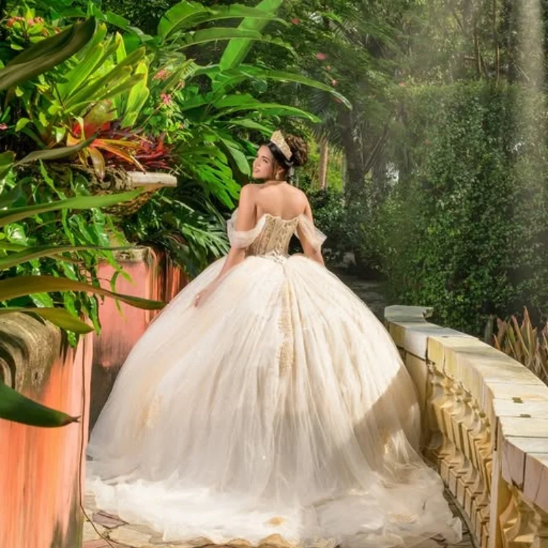 Luz personalizada champanhe quinceanera vestidos fora do ombro apliques de cristal cauda longa renda tull vestido 15 quinceanera