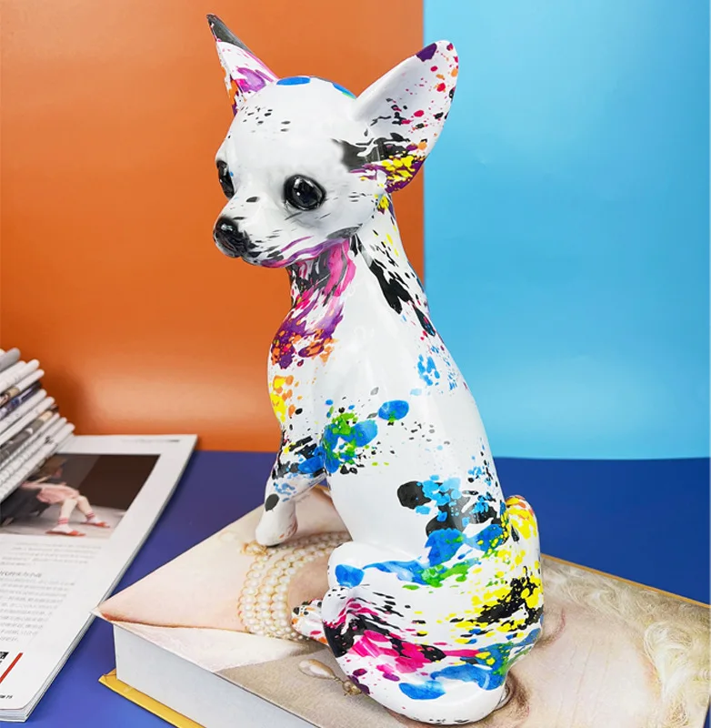 Nordic Colorful Graffiti Sculpture Chihuahua Dog Modern Statue Painted Bulldog Office Living Room Decoration Creative Ornament