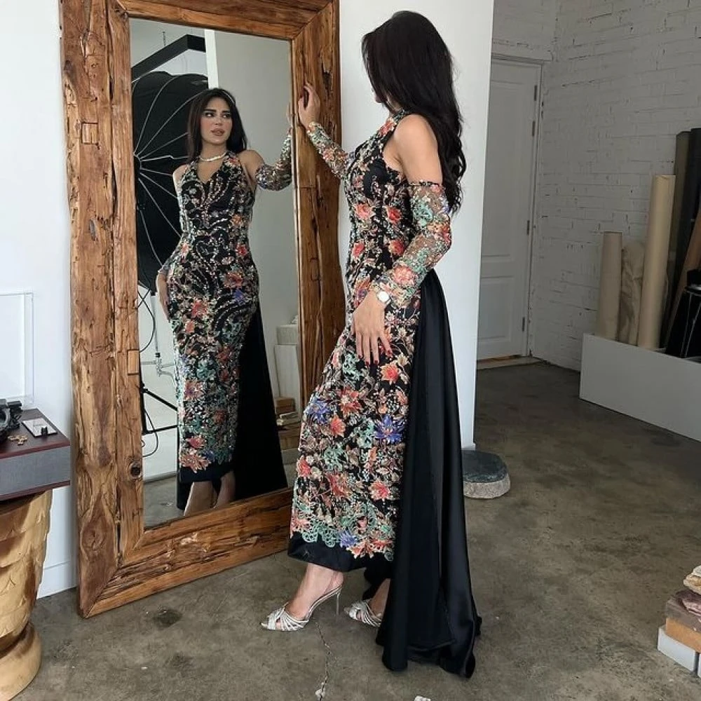 Vestido de noche de graduación con patrón bordado de Charmeuse, vestido Midi con cuello Halter, a medida, Arabia Saudita