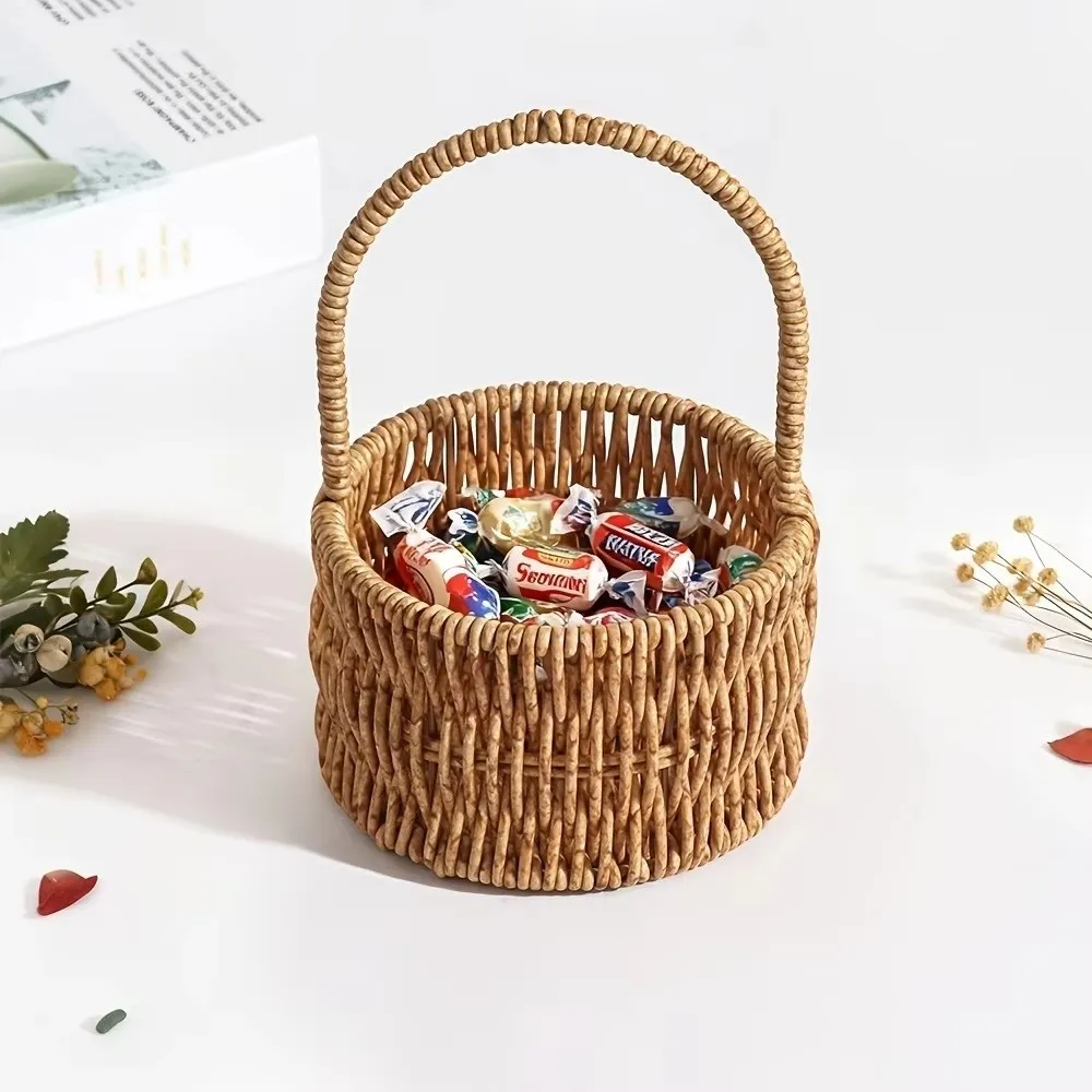 Portable Rattan Woven Basket Handheld Handle Rectangular Round Shape Hand Basket Mini Farmhouse Style Gift Basket