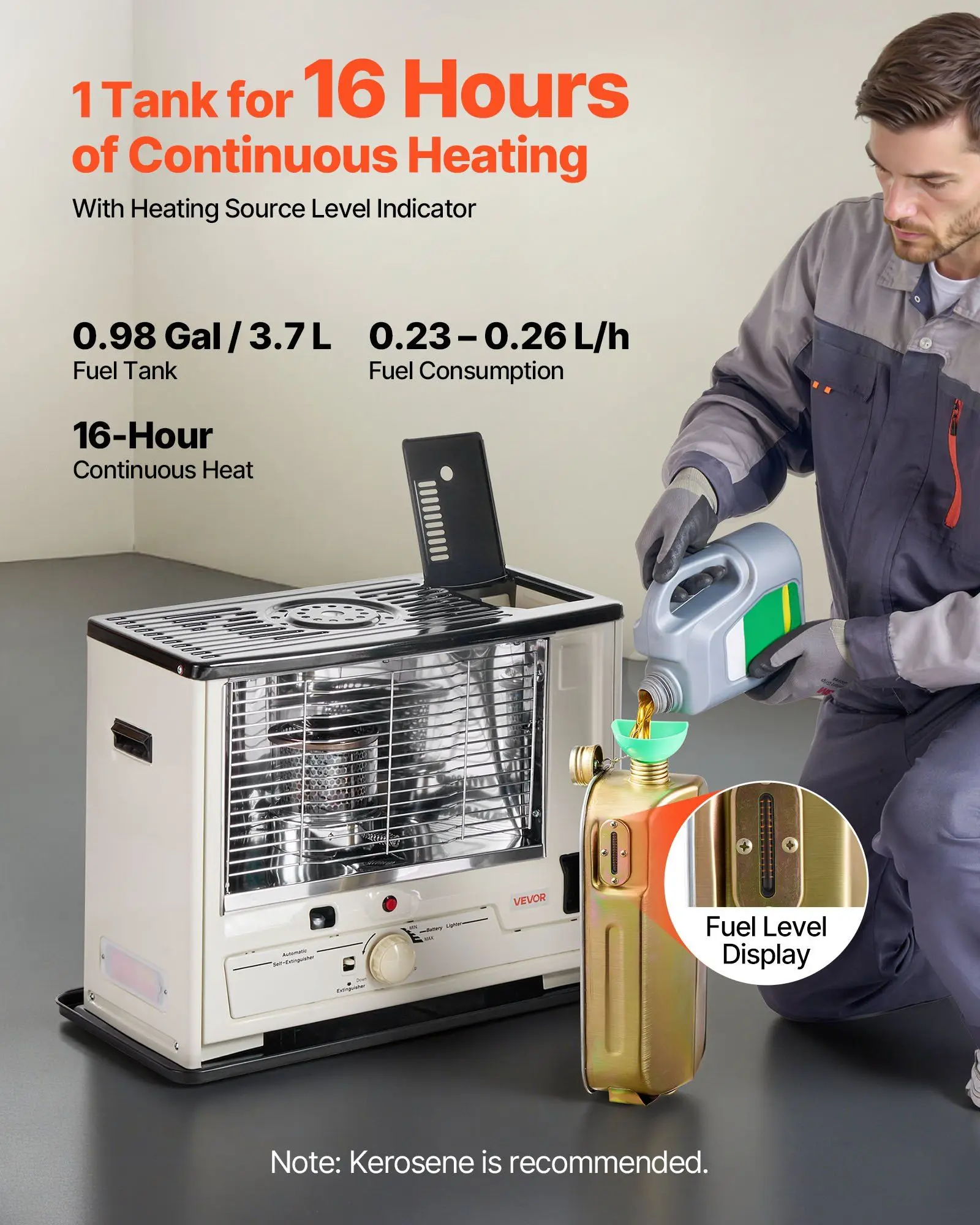 10000 BTU kerosineverwarmer voor binnen en buiten Draagbare geforceerde luchtverwarmer met automatische uitschakeling en omvalbeveiliging voor garagecamping