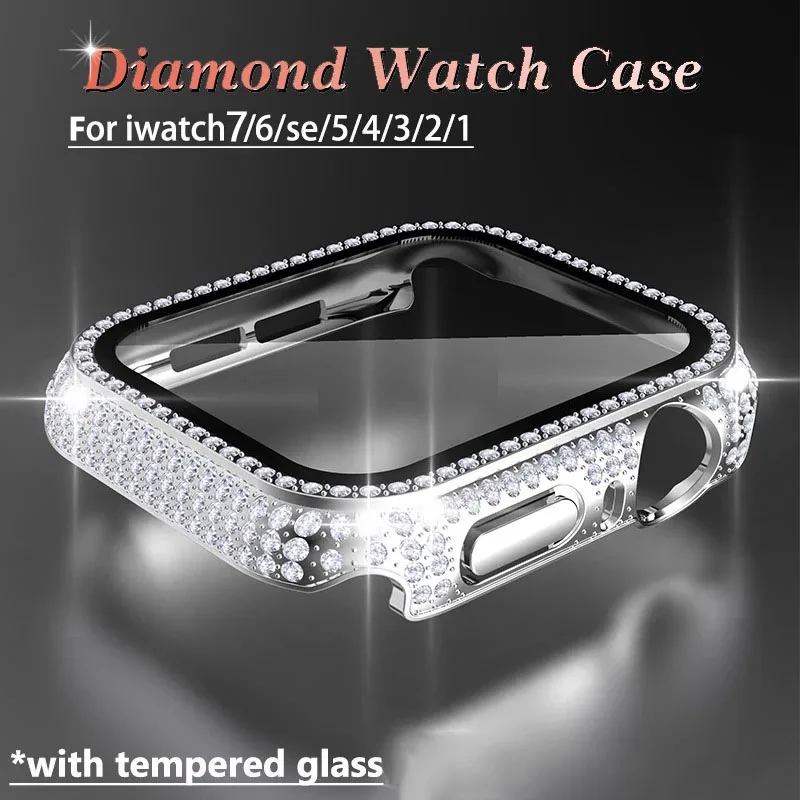 Vetro + Cover per Apple Watch case 40mm 44mm 41mm 45mm iWatch accessori Diamond + Screen Protector Apple watch series 3 4 5 6 SE 7