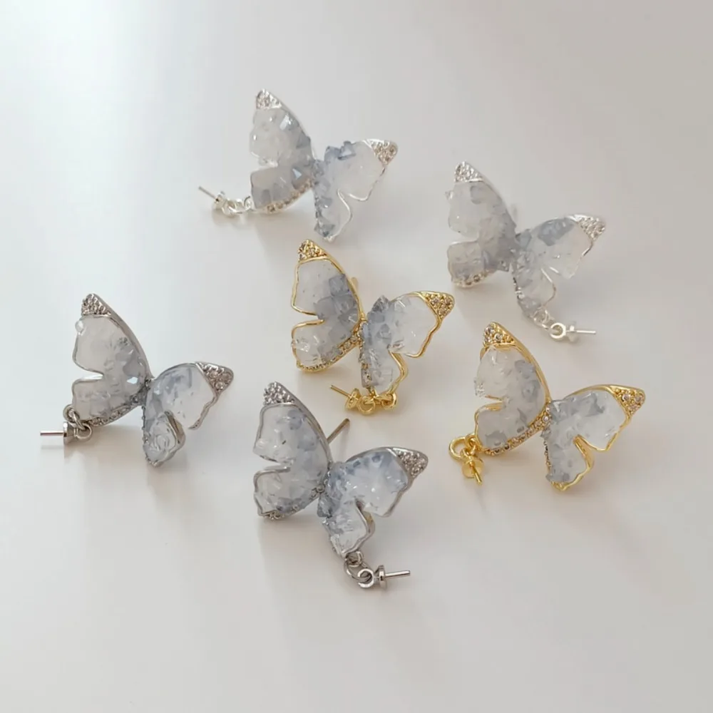 14K Copper-plated Thick Silver Small Crushed Stone Butterfly Earrings, Light Luxury, Elegant and Unique S925 Stud Earrings