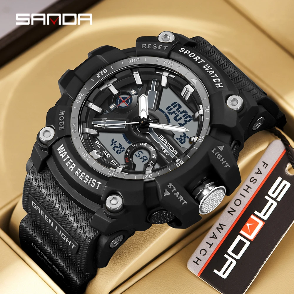 

SANDA 3179 Digital Mens Military Watch 50M Waterproof Watch Dual Display Quartz Sports Watch For Men Luminous