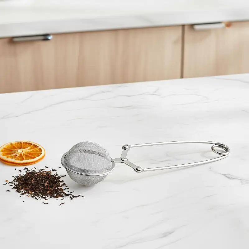 New！Stainless Steel Mesh Tea Ball Infuser Spoon Fine Filter Strainer For Loose Leaf Tea With Squeeze Handle Silver