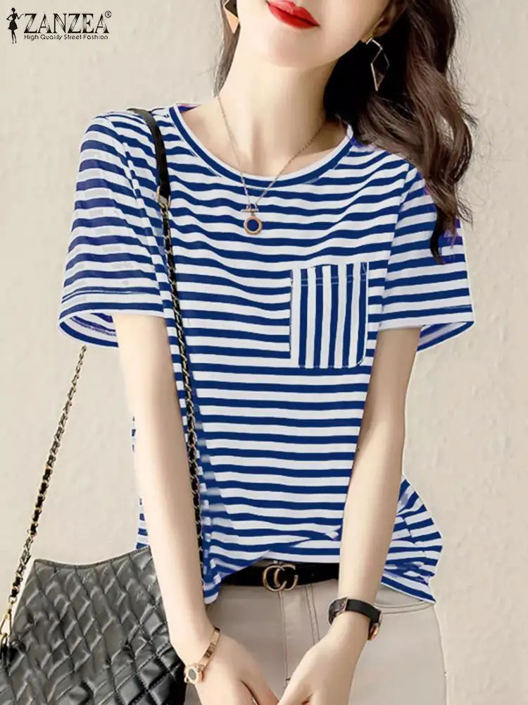 

2024 ZANZEA Summer O Neck Short Sleeve Blouse Women Fashion Striped Tunic Tops Elegant OL Work Shirt Casual Holiday Blusas Tunic