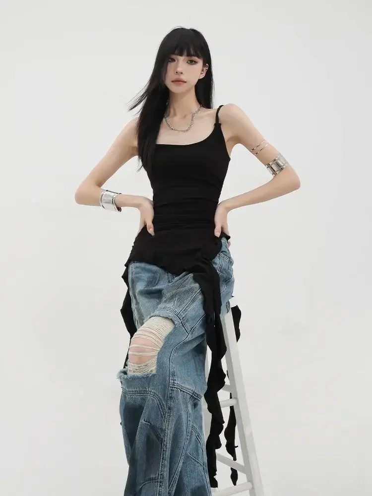 summer Y2k Grunge Hotsweet Sexy Elegant Backless Camisoles Asymmetrical Black Ruffle Tank Tops Women Korean Streetwear Punk