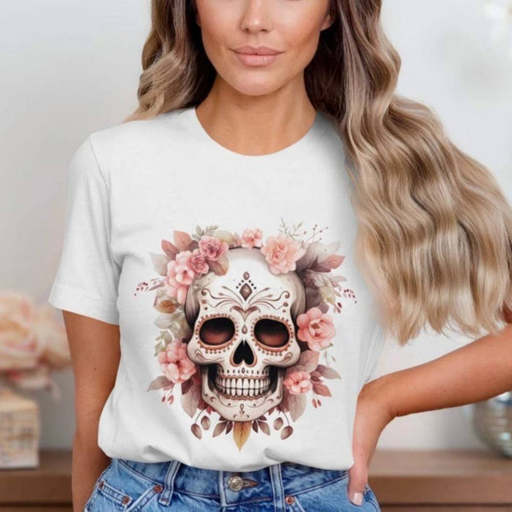 

Sugar Skull Floral T-Shirt Mexican Day of The Dead Tee Floral Skull Graphic Shirt Boho Chic Sugar Skull Tops Women Fashion Shirt