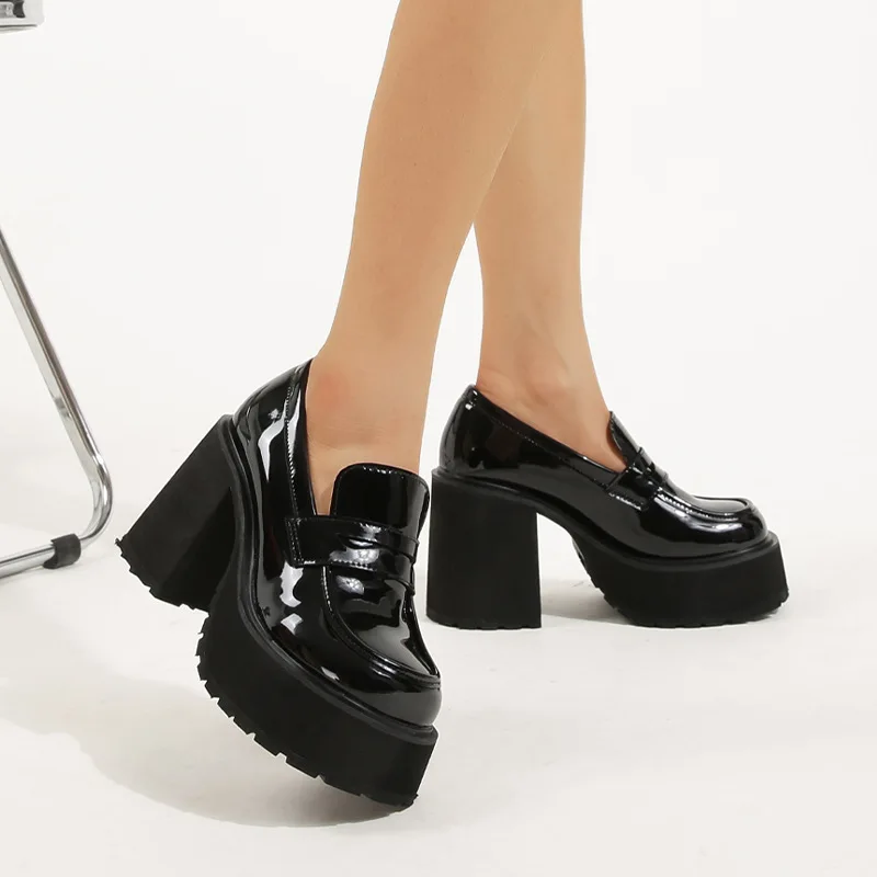 Chunky Platform Loafers Heel Patent Leather Slip on Casual Shoes Women Lady Office Shoes Japanese Lolita Black 10cm Heels Pumps