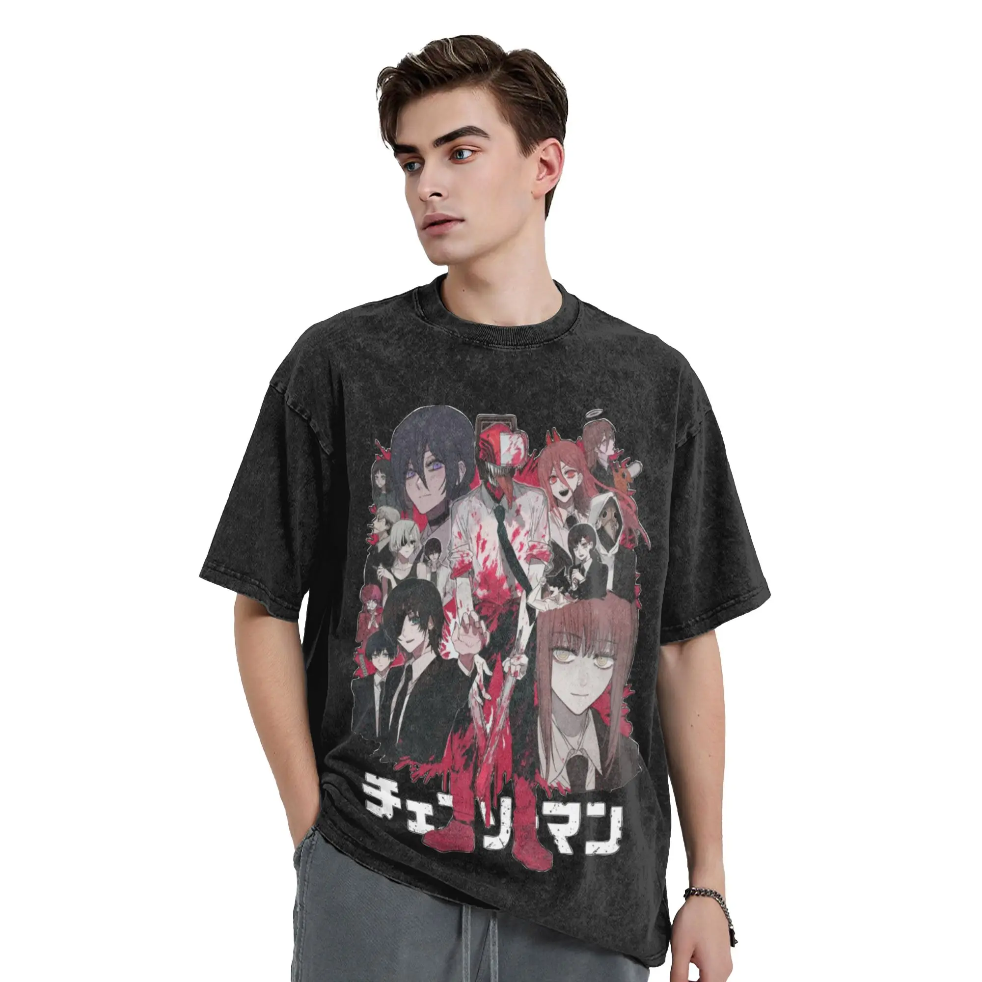 Chainsaws Man Anine Vintage Washed T Shirts Men Women 100% Cotton Creative T-Shirt Crew Neck  Tees Short Sleeve Clothing Party