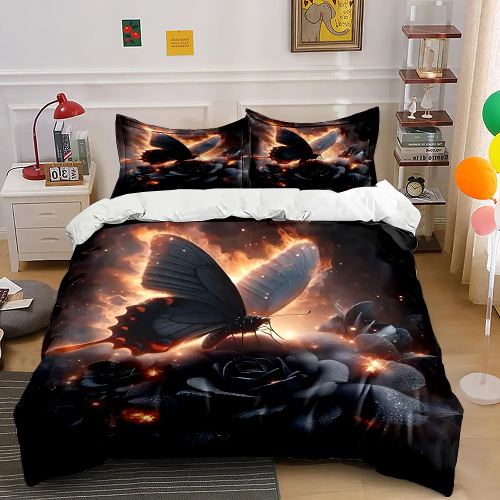 Flaming butterfly and black roses Bedding Set for Kids Luxury Gift 3pcs Digital Print Comforter Set Soft Comfortable Breathable