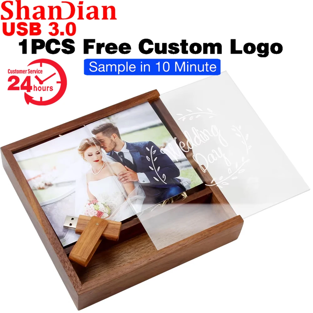 Wooden Transparent Cover Box USB 3.0 Flash Drive Photography Pen Drive Free Customized Logo Memory Stick Wedding Album Gift