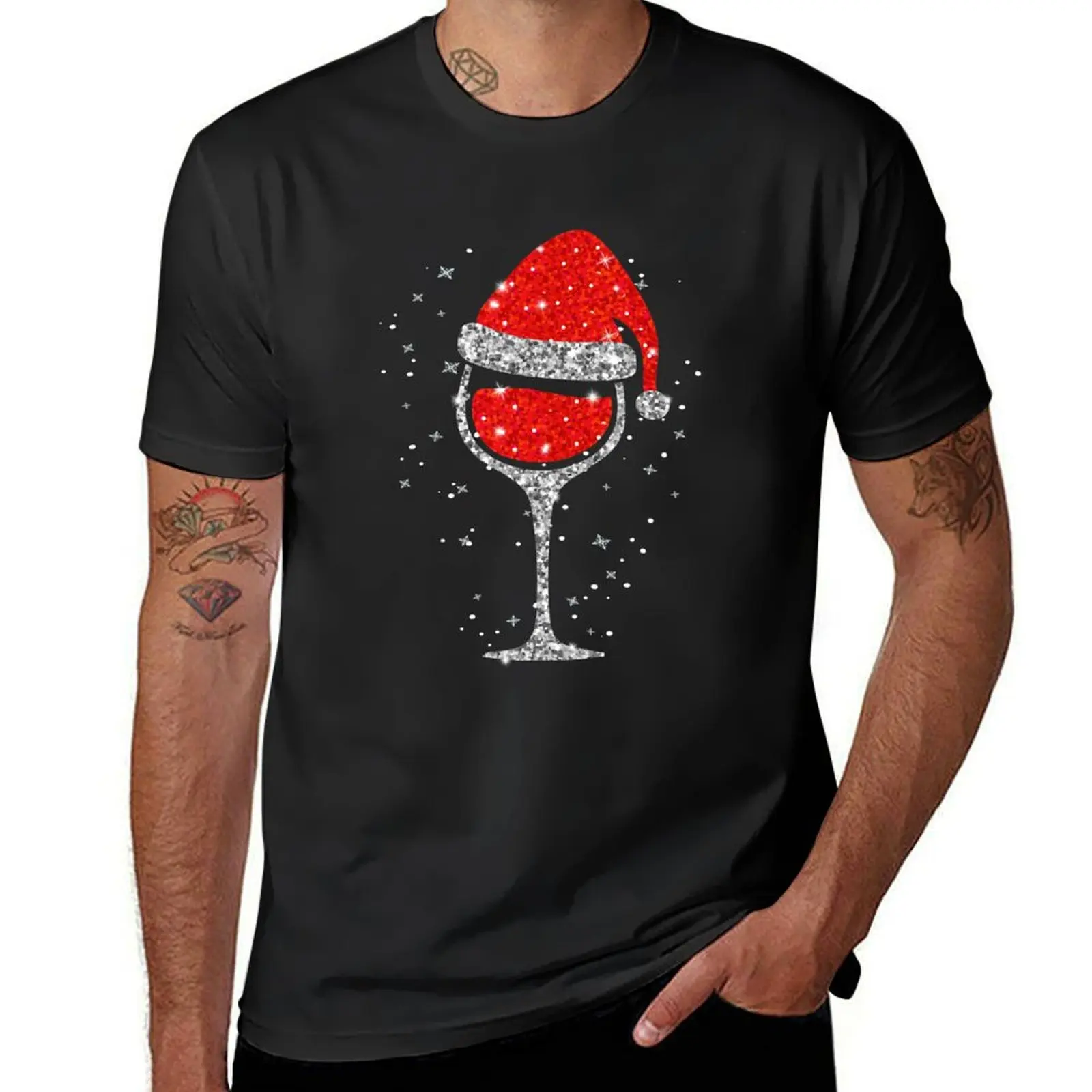 Christmas Wine Glass Snowflakes Santa Hat Red Wine T-Shirt kawaii clothes plain heavyweight t shirts for men