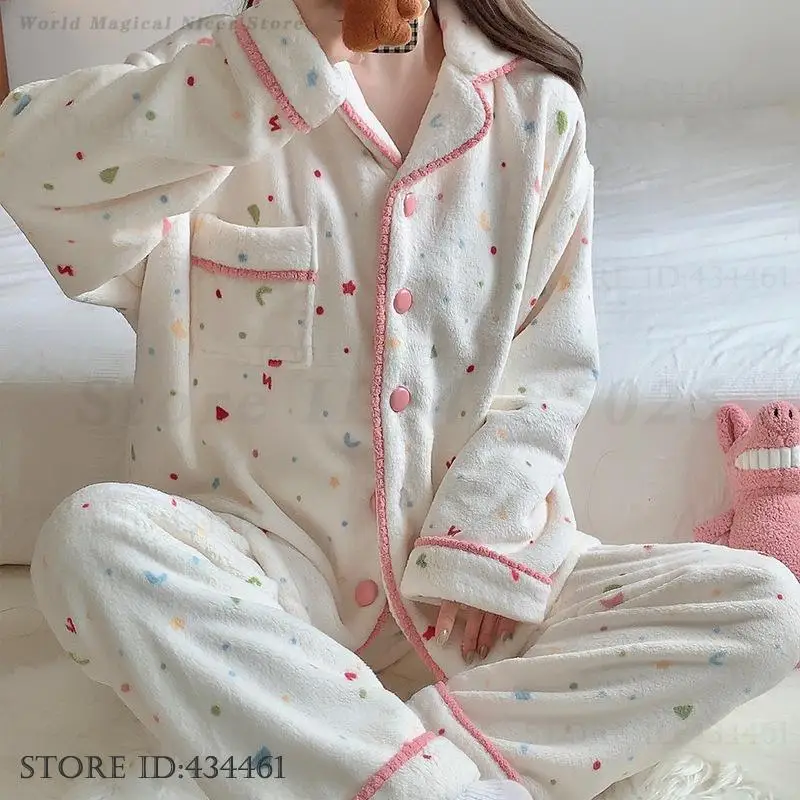 

Coral Fleece Cartoon 2PCS Pajamas Set Sleepwear Autumn Winter New Women Home Clothes Pijamas Suit Thicken Warm Flannel Pyjama