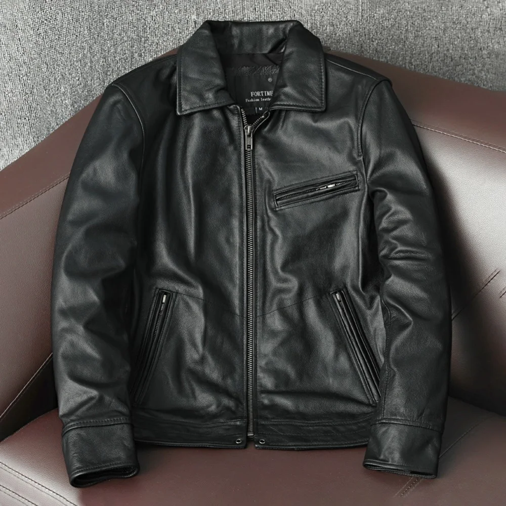 Men Plus Size New Clothing Outerwear 2023 Natural Genuine Cow Leather Retro Lapel Jacket Motorcycle Hombre Black Casual Overcoat