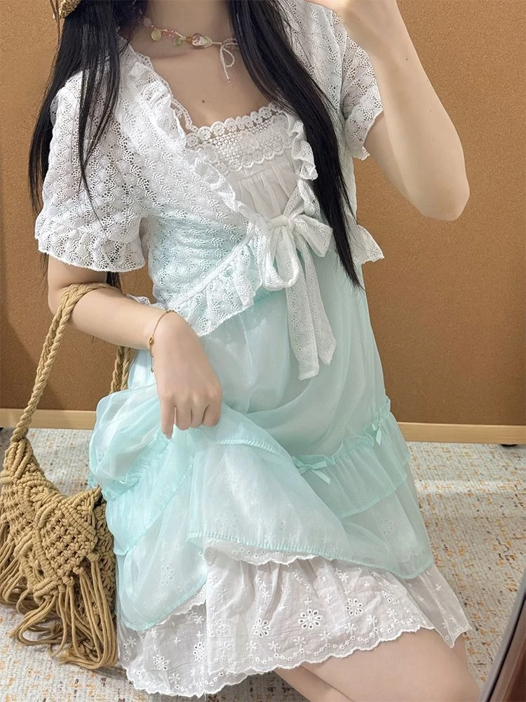 Gaun Dua Potong Lolita Jepang Manis Gaun Berlapis Ruffle Tambal Sulam Renda Pakaian Musim Panas Lengan Pendek Lucu Kawaii Baru 2025