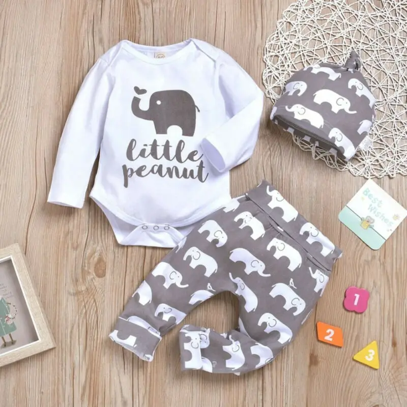 3Pcs Newborn Baby Boy Girl Elephant Outfits Long Sleeve Little Peanut Romper Bodysuit+Leggings Pants+Hat Clothes Outfit 0-18M