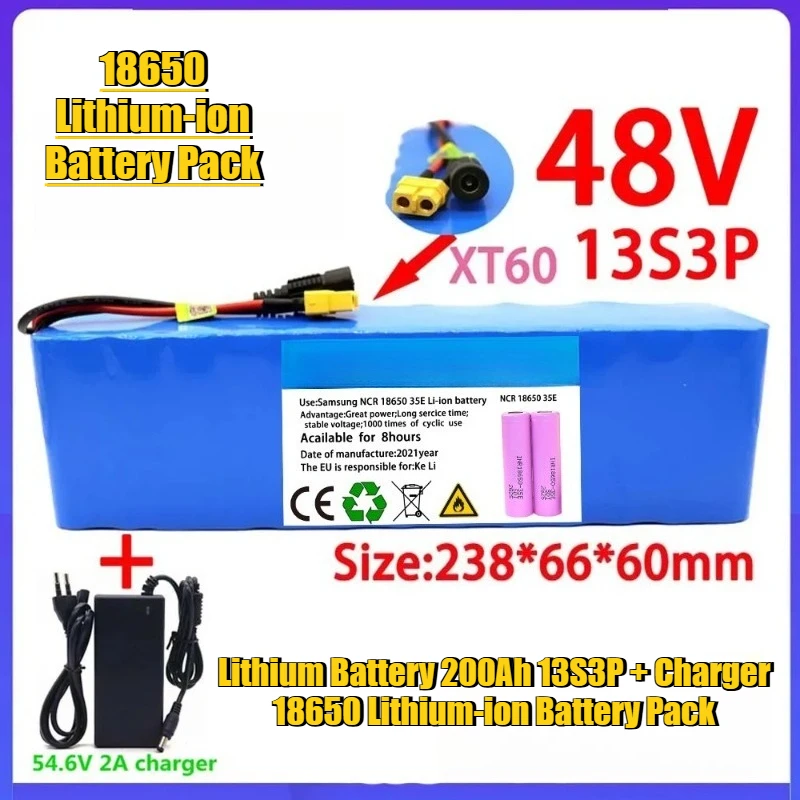

Electric Bicycle Battery 48V Lithium Battery 200Ah 13S3P + Charger, 18650 Lithium-ion Battery Pack