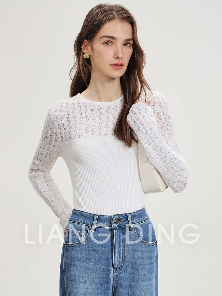 

Вязаная футболка с длинным рукавом из смесовой шерсти и шелка, с вырезами, облегающий крой, дизайнерская модель, французский стиль, мягкая, из акрила, полиэстера, нейлона.