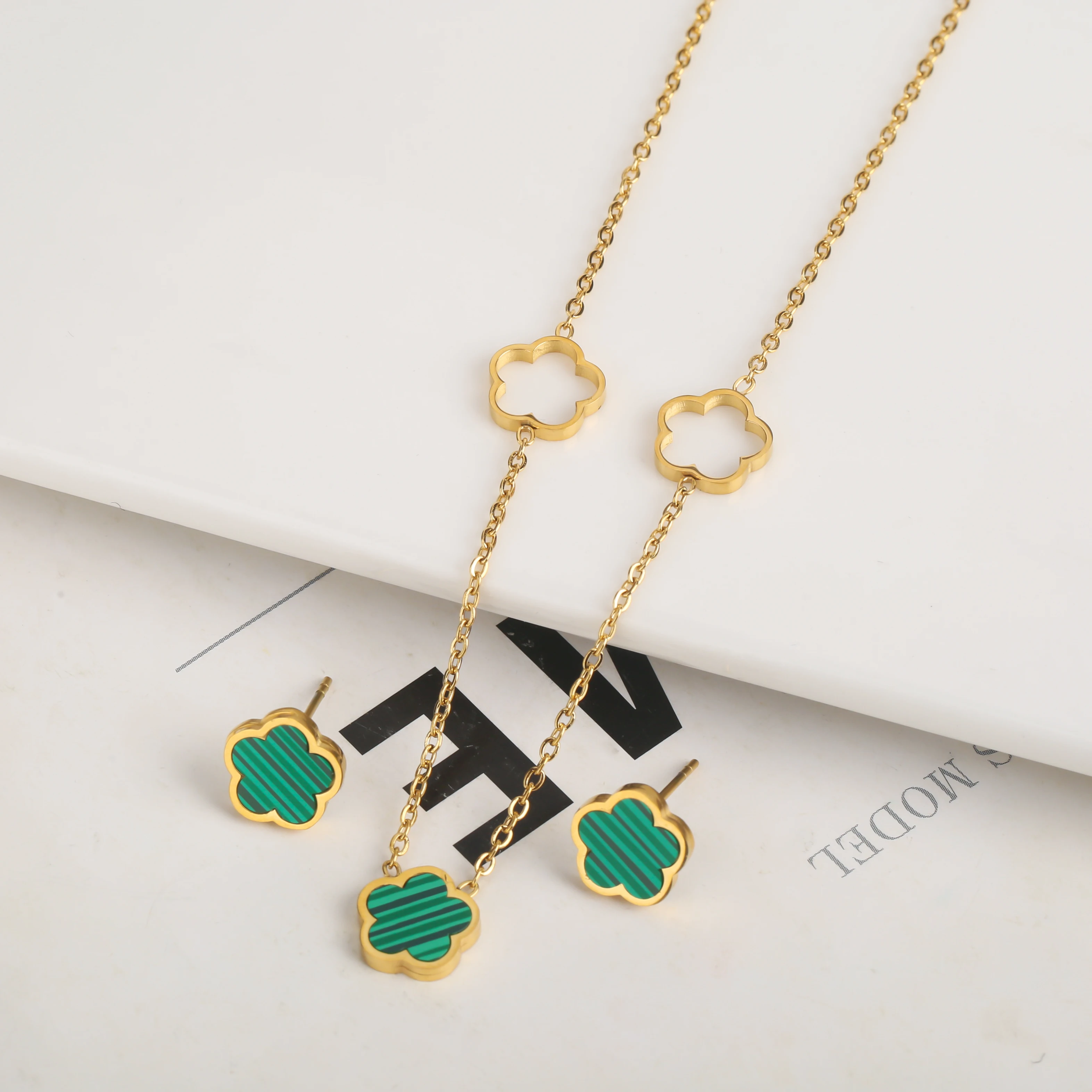 Stainless Steel Shell Flower Set With Clover Plant Hollow Out Five Leaf Petal Necklace Earrings For Women High Quality Clover