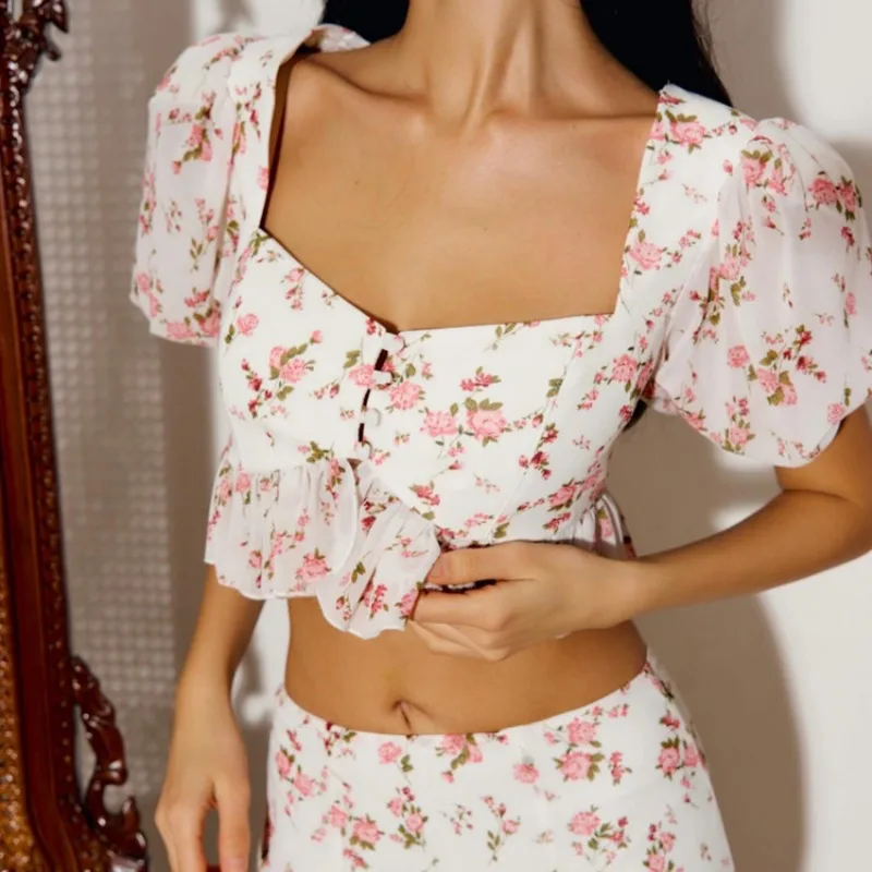 2026 Sommer Damen Y2K Blumenmuster 2-teiliges Outfit Crop Top Stufenförmiger Meerjungfrauen-Maxirock Set Sexy Bodycon Urlaubs-Set – Detail 11