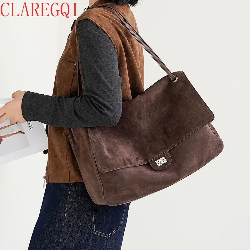 CLAREGQI Hot Style Slouchy Shoulder Bags Large Capacity Cattle hide For Womenhand Bags Scrub Suede Bag Retro  Underarm Bag
