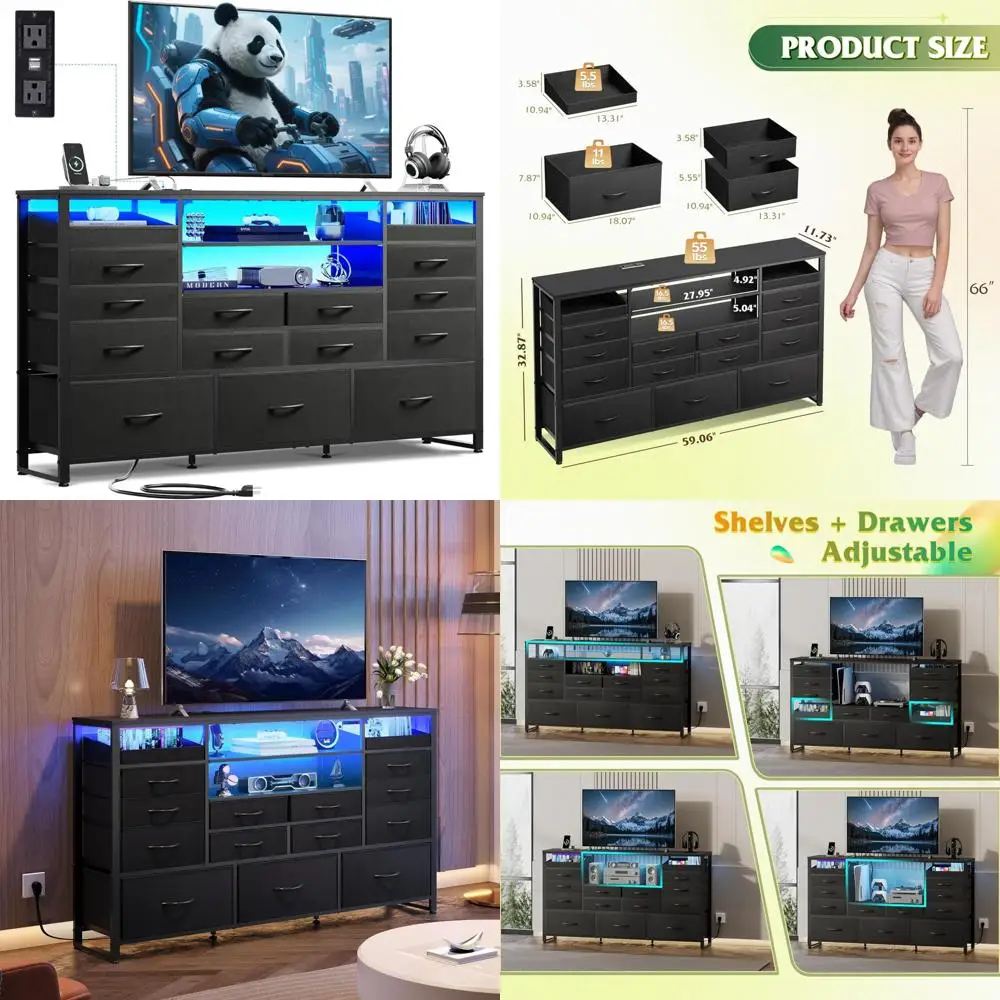 مركز ترفيهي لأجهزة التلفاز مقاس 55-65 بوصة مع أضواء LED ومحطة شحن وطاولة وحدة تحكم الوسائط #1