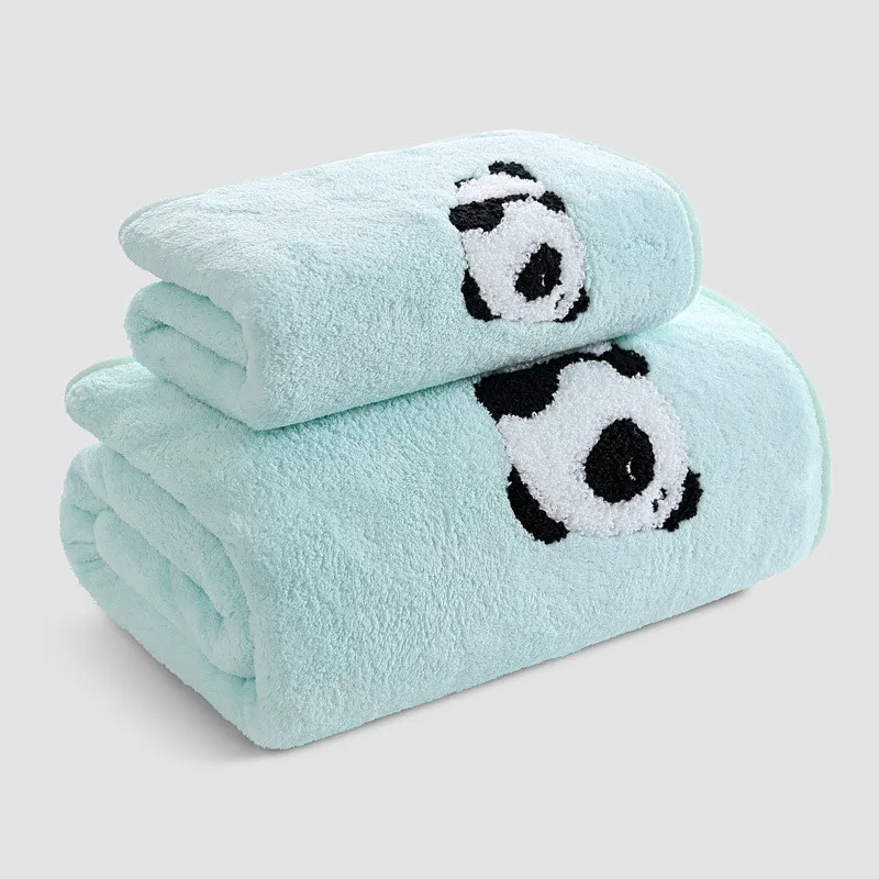 Cartoon Family Shower Towels, Panda Style, Coral Fleece, Absorbent, Hanging, Hand, Hair, Face, Bath Towel Set, Bathroom, 2Pcs