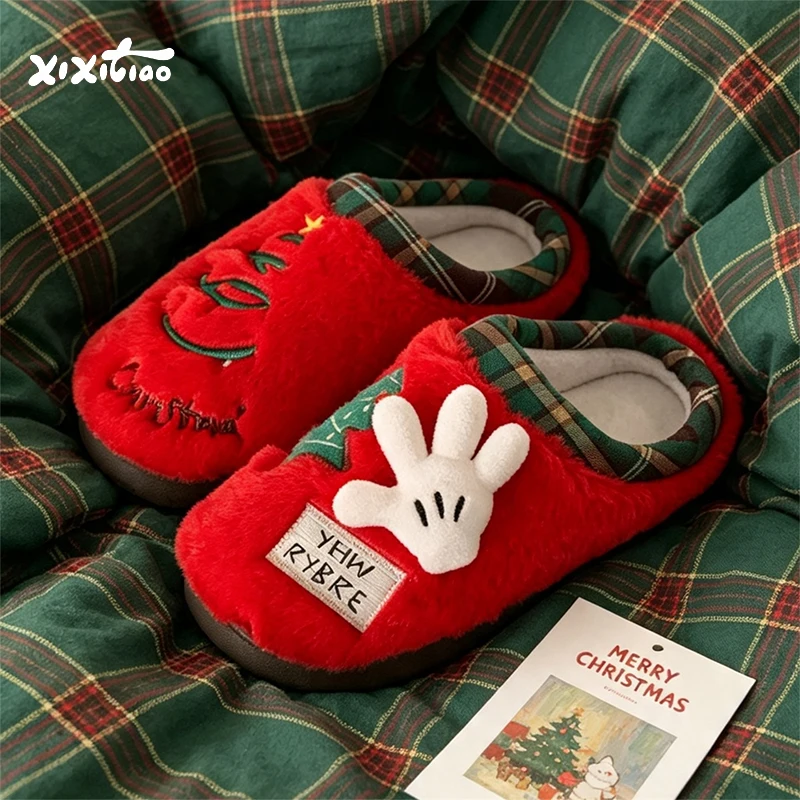 XIXITIAO New Winter Christmas Atmosphere Slippers for Men Women Fashion Funny Warm Anti-slip House Cotton Shoes Plush Footwear image 2