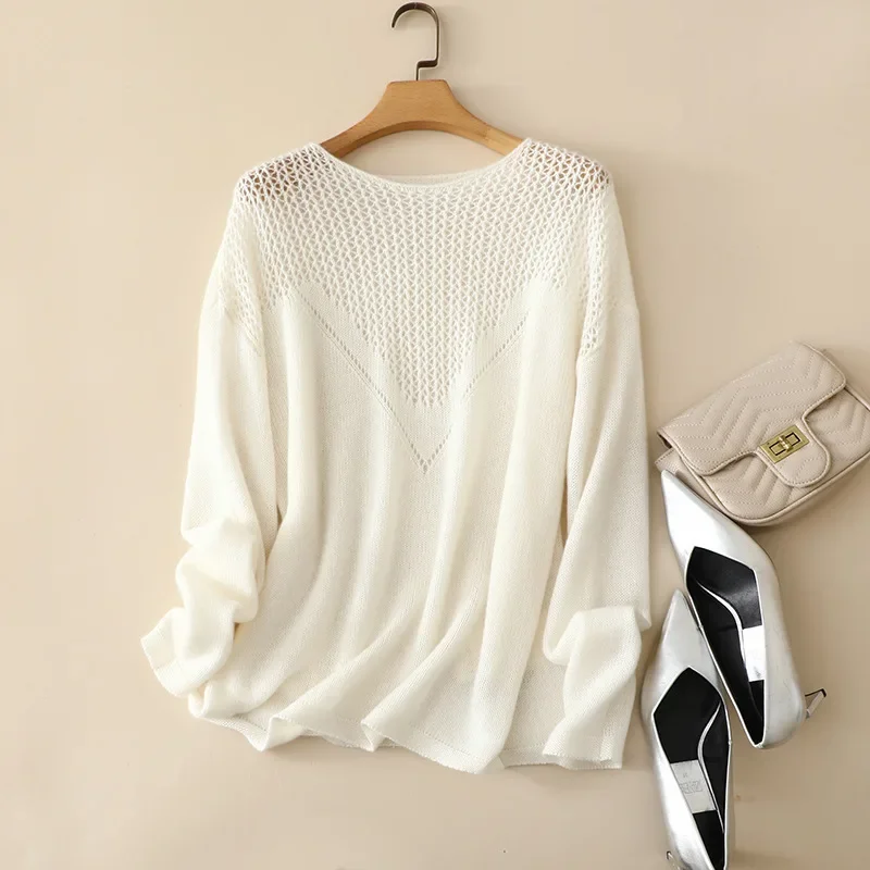 autumn winter new hollow designs cozy 100% cashmere loose sweater women