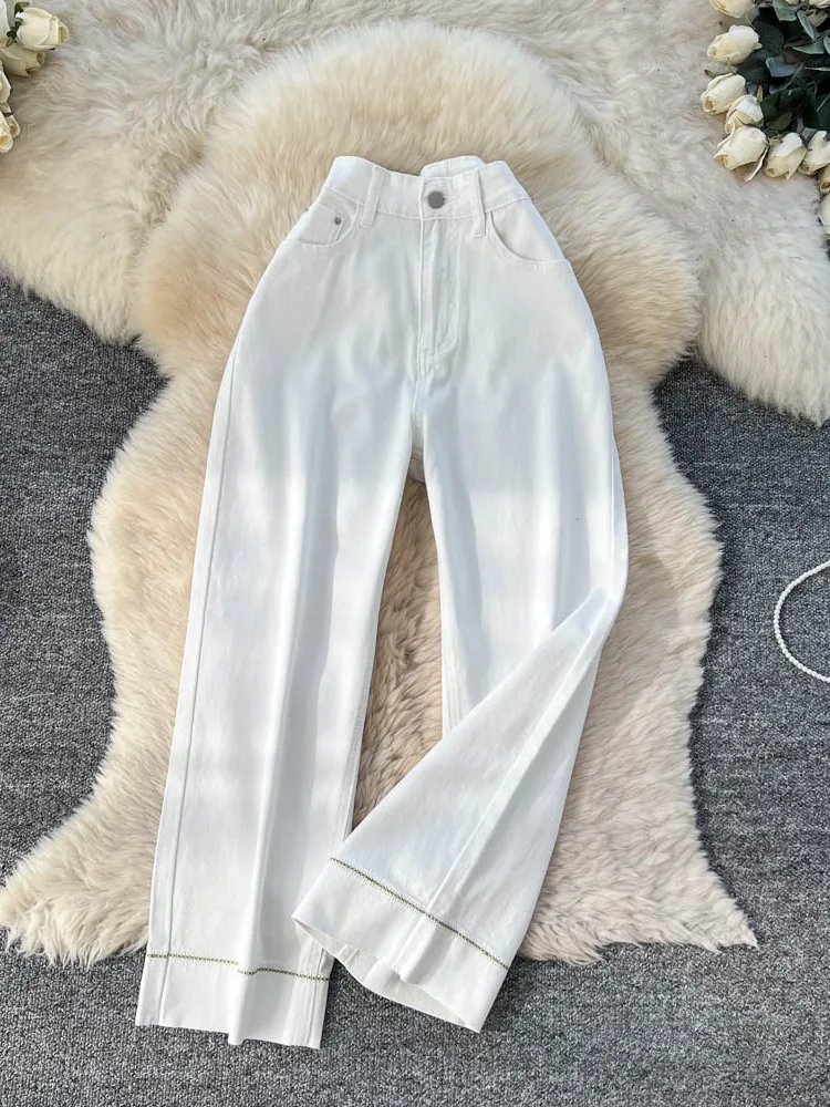High Waist Wide Leg Straight Cut Jeans Women's Faion Korean Sle White Denim Pants Design Sensation Sewing Line Autumn New