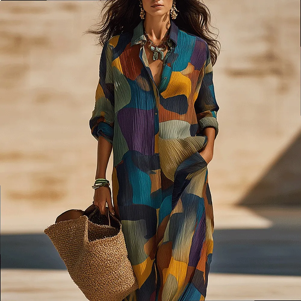 Women's Spring Summer Printed Button Down Maxi Dress, Casual Vacation Dresses with Floral Pattern