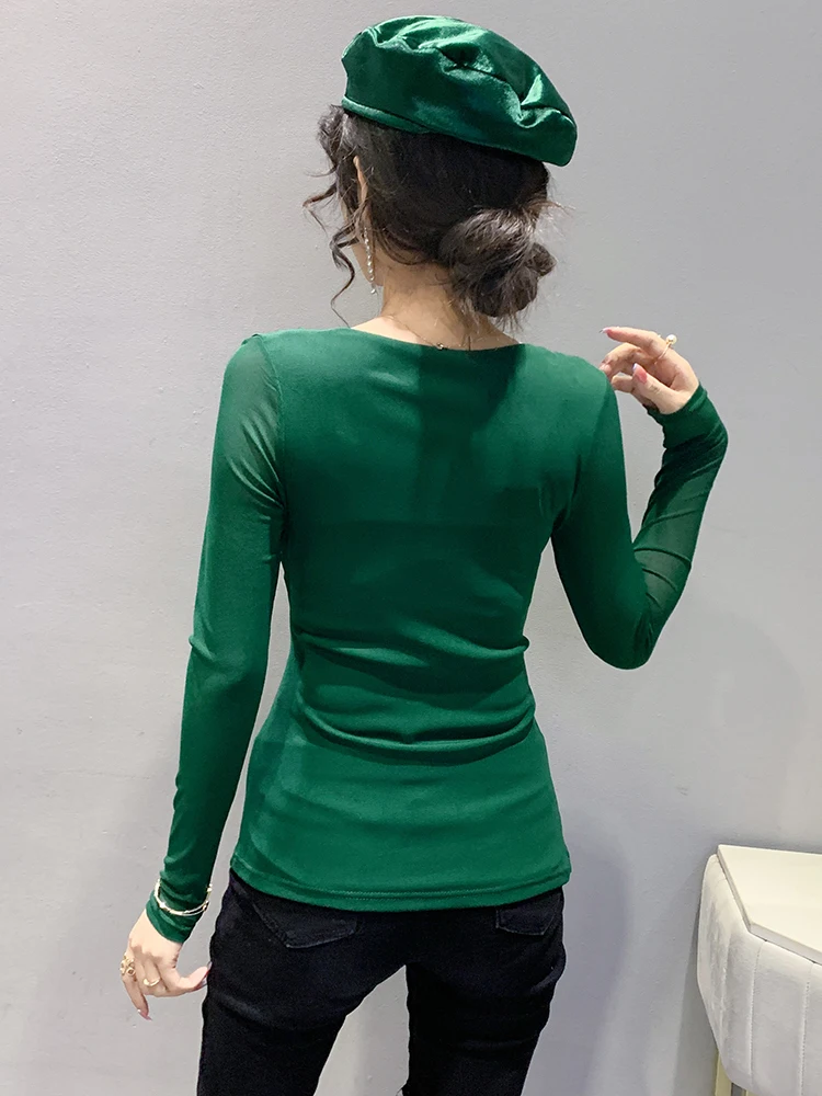 تي شيرت نسائي مثير V-Ne Long Sve Me بقصة ضيقة كورية Sle Commute Faion ربيع الخريف قاعدة علوية irt مجوفة La...